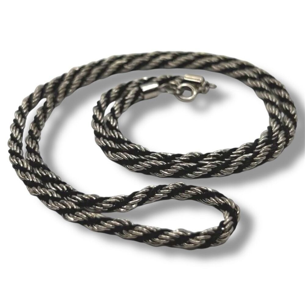 Vintage 1980s Black & Silver Twisted Rope Chain Necklace Statement Piece